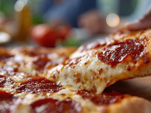 A guest enjoying a slice of pepperoni pizza. 