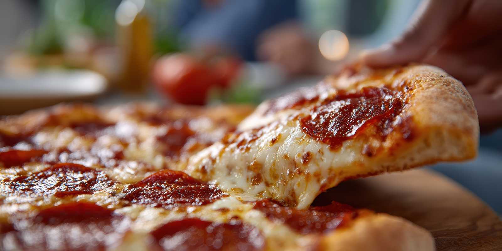 A guest enjoying a slice of pepperoni pizza. 